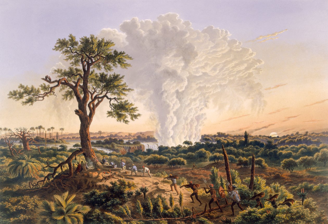 Putoukset auringonnousun aikaan, kun suihkupilvi nousee 1 200 jalkaa korkeammalle, 1865 (värituloste). tekijältä Thomas Baines