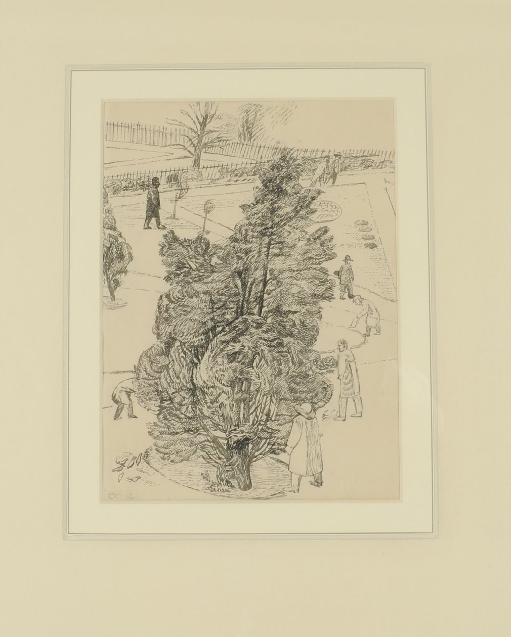 Figuurit puistossa; "Miehet olivat hiljaa, puut puhuivat." Kuvitus todistajille, ennen vuotta 1938 (kynä ja muste paperille) tekijältä Thomas Barclay Hennell