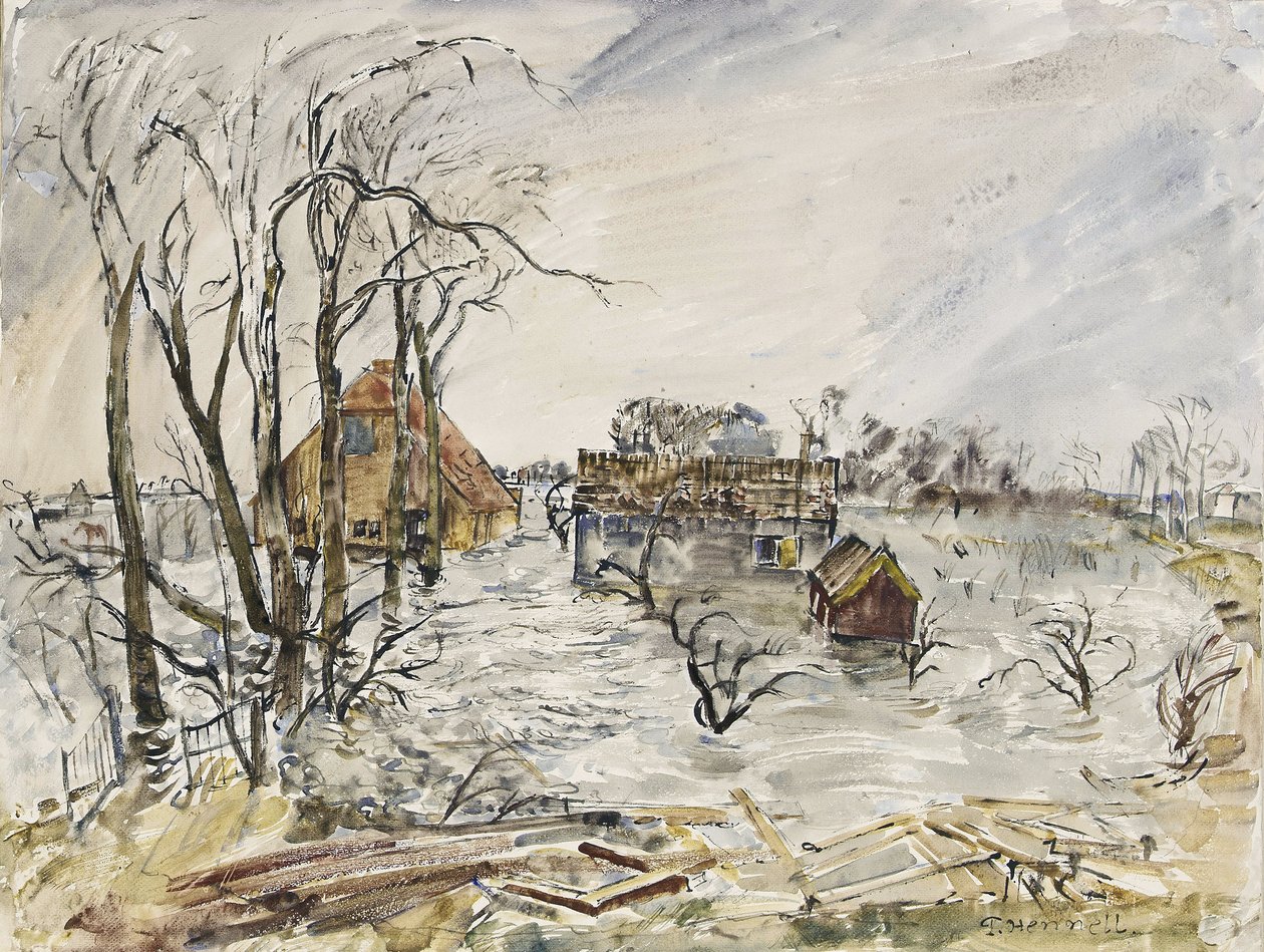 Walcherenin saari (Alankomaat) tulvii. Thomas Hennelin (1903-1945) maalaus, akvarelli 1944. tekijältä Thomas Barclay Hennell