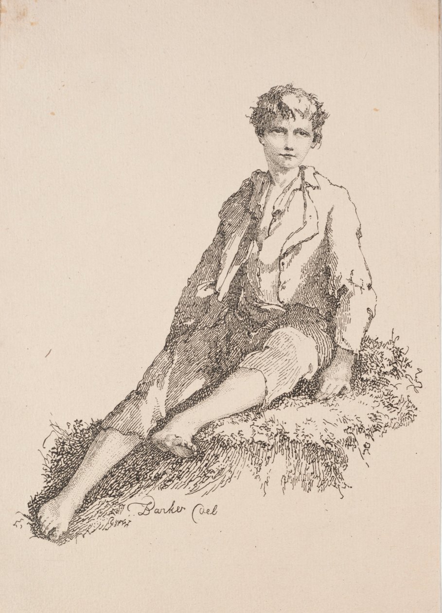 Polyautografian näytteet: Poika istuu ruohopenkillä, 1803. tekijältä Thomas Barker