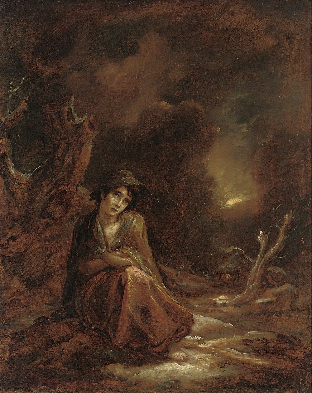 Kohtauksia William Cowperin "Tehtävästä": kuutamoinen talvimaisema Crazy Katen kanssa lepäämässä radalla, 1785 tekijältä Thomas Barker of Bath
