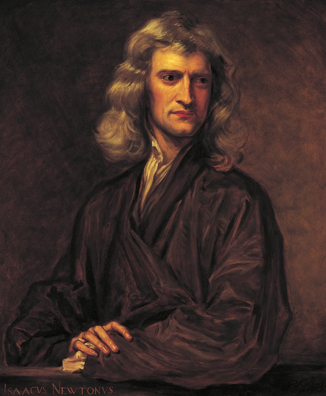 Isaac Newtonin muotokuva Sir Godfrey Knellerin alkuperäisen vuodelta 1689 mukaan tekijältä Thomas Barlow