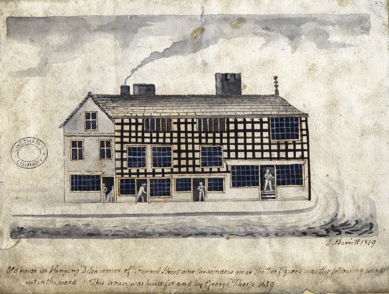 Old House on Hanging Ditch, Manchester, 1819 (kynä ja muste ja pese paperille) tekijältä Thomas Barritt
