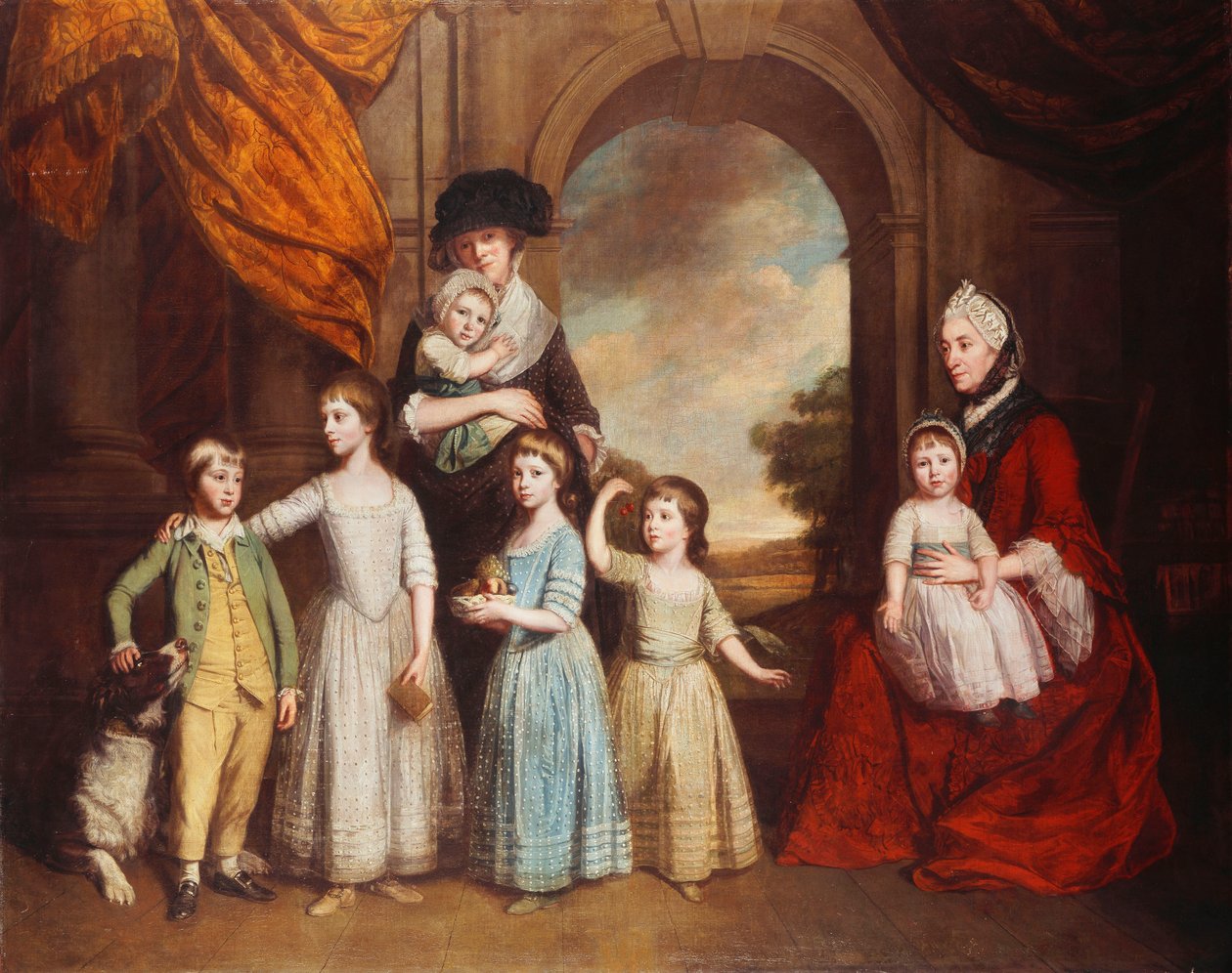 Ryhmämuotokuva Craven-lapsista, täyspitkä, ennen kaaria, jonka takana on maisema, 1776 tekijältä Thomas Beach
