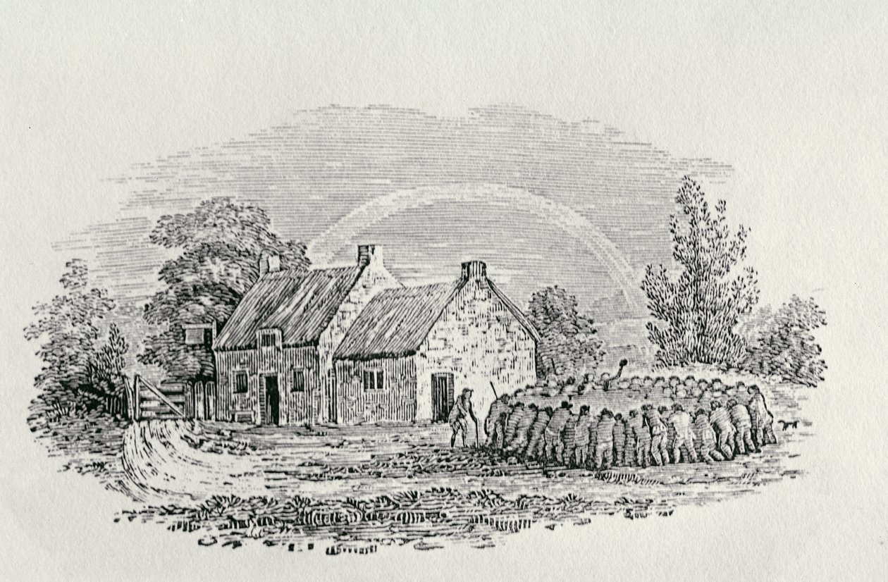 Cockfight Outside an Inn, n. 1801, julkaisusta "Landbirds", julkaistu 1805 (kaiverrus) tekijältä Thomas Bewick