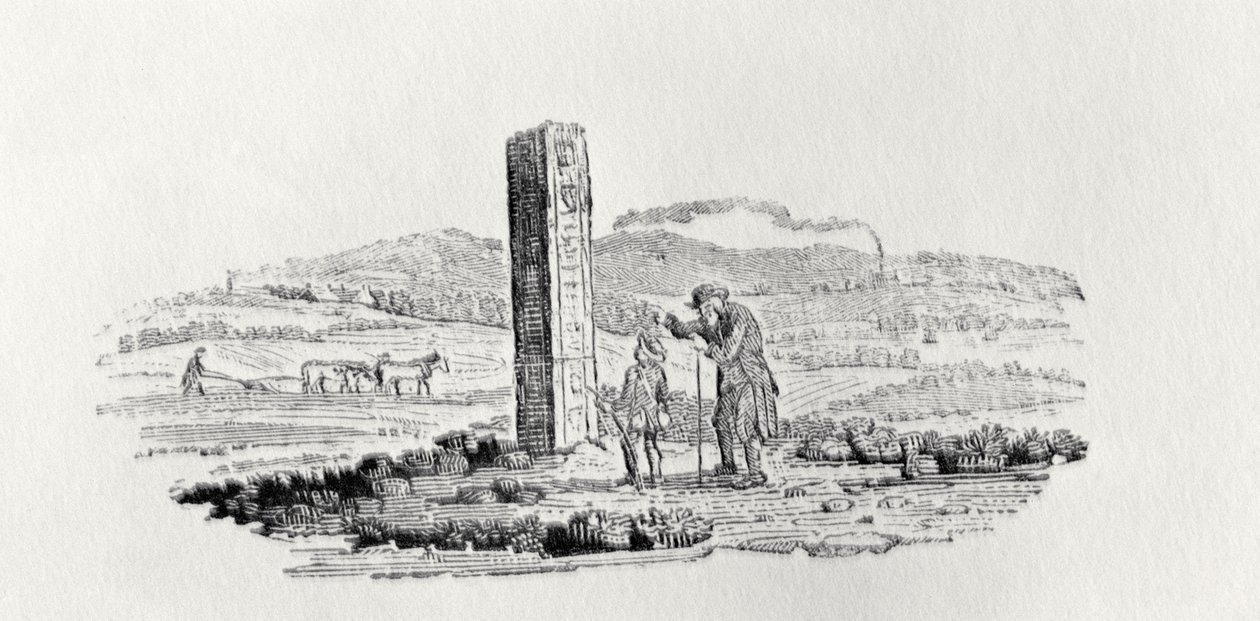Mies ja poika muistomerkin luona Britannian lintujen ja nelijalkaisten historiasta tekijältä Thomas Bewick