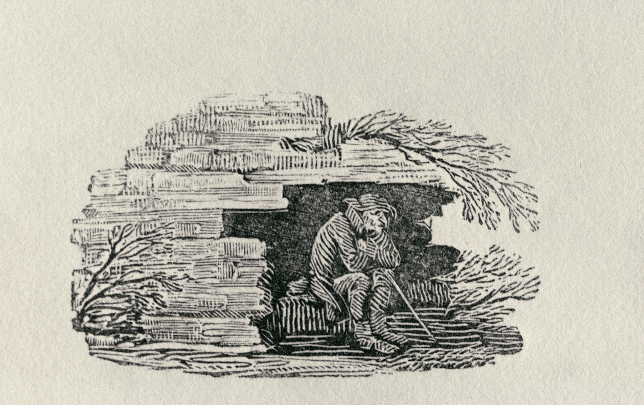 Istuva mies, joka suojaa "Britannian lintujen ja nelijalkaisten historiaa" (kaiverrus) tekijältä Thomas Bewick