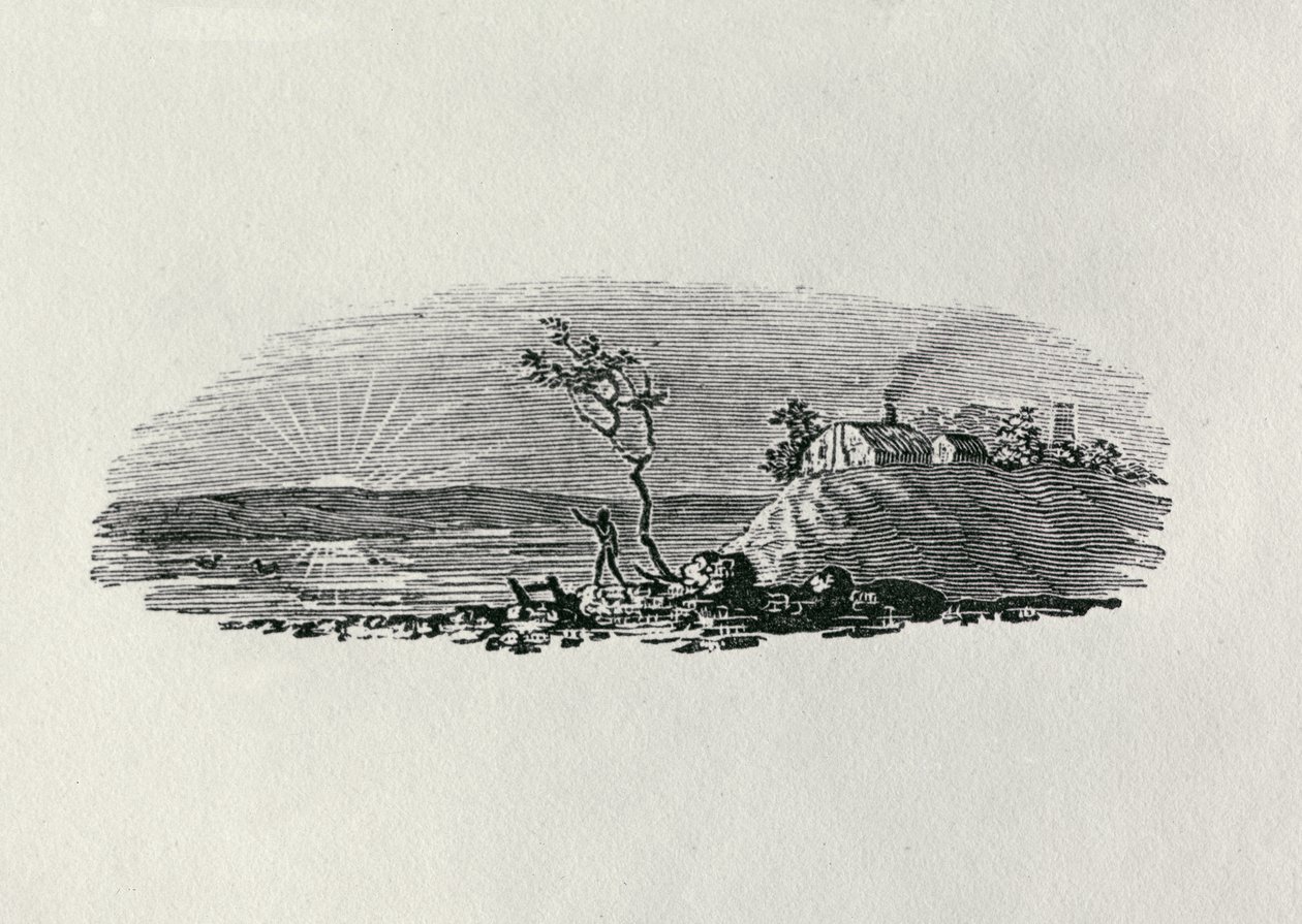 Winter Sunset teoksesta "History of British Birds and Quadrupeds" (bw-kaiverrus) tekijältä Thomas Bewick