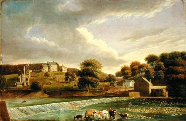 Mill Grove Farm, Perkioman Creek, Philadelphia, n. 1820 (öljy paneelille) tekijältä Thomas Birch