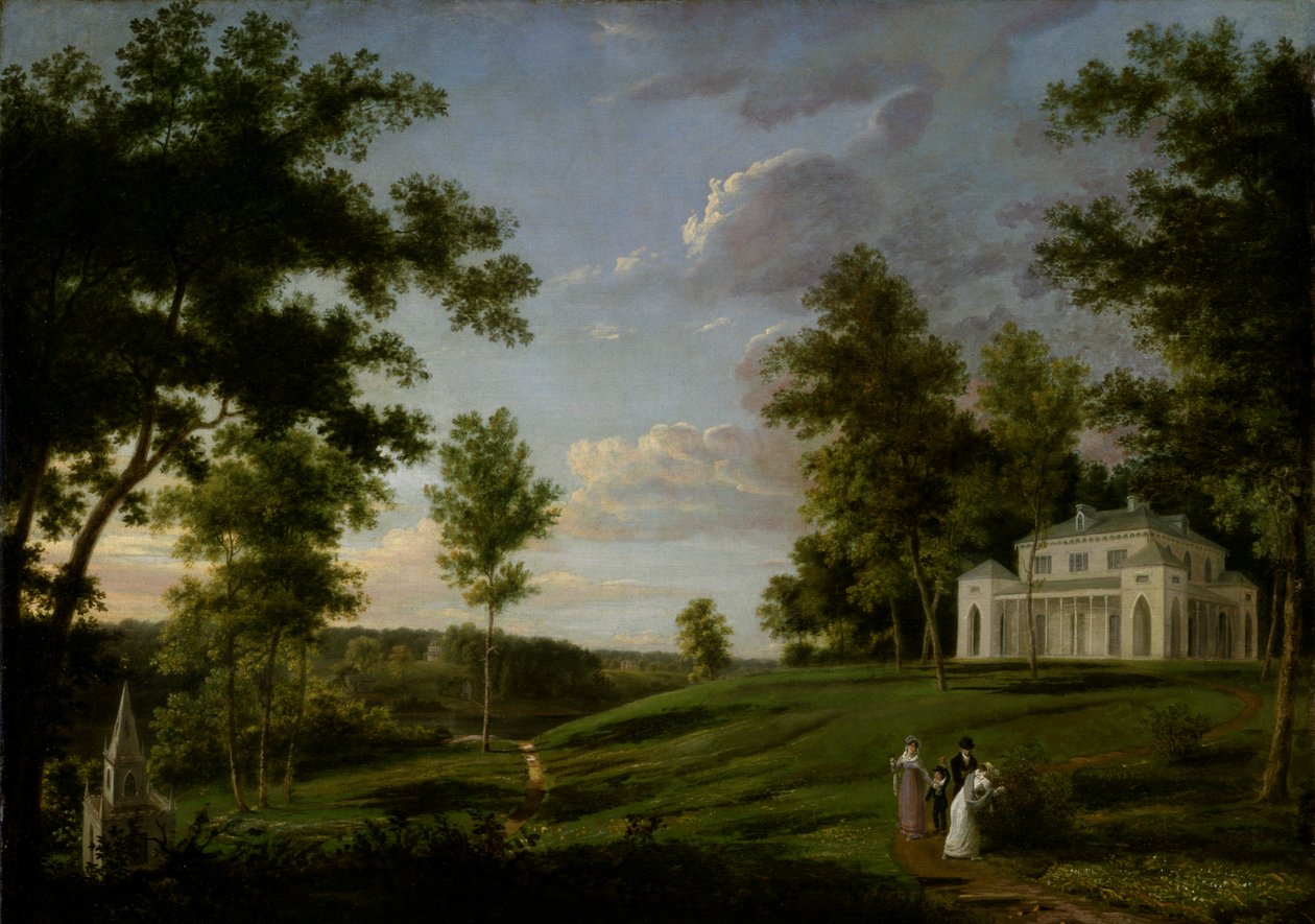 Kaakkoisnäkymä Sedgeley Parkista, James Cowles Fisherin maaseudulta, Esq., ca. 1819. tekijältä Thomas Birch