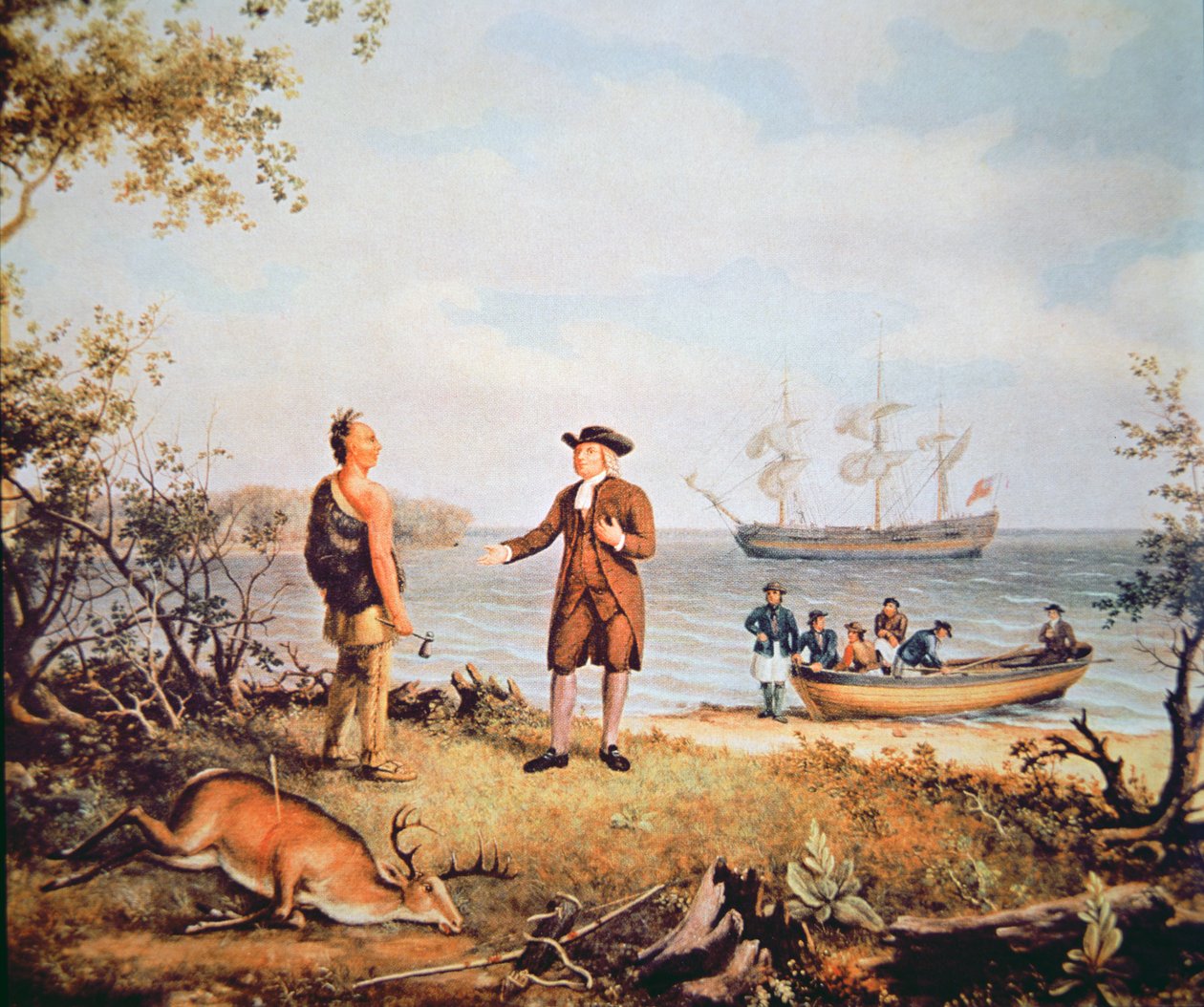 William Penn saapuu Amerikkaan ensimmäistä kertaa ja tapaa intiaanien vuonna 1682 (öljy kankaalle) tekijältä Thomas Birch