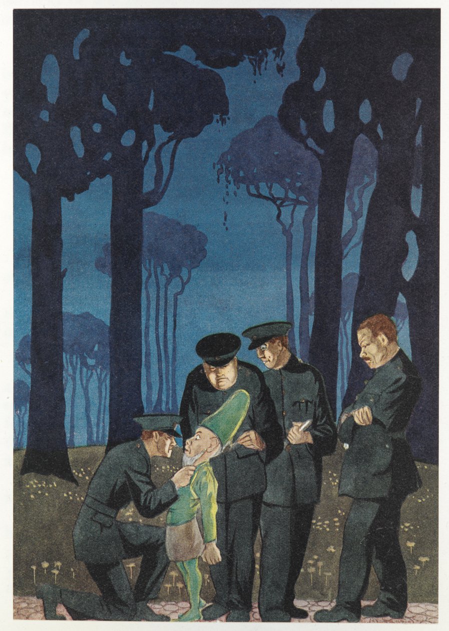 "Kerro minulle, missä rahat ovat?" hän sihisi. Poliisi kuulustelee leprechaunia James Stephensin The Crock of Gold -elokuvasta tekijältä Thomas Blakeley Mackenzie