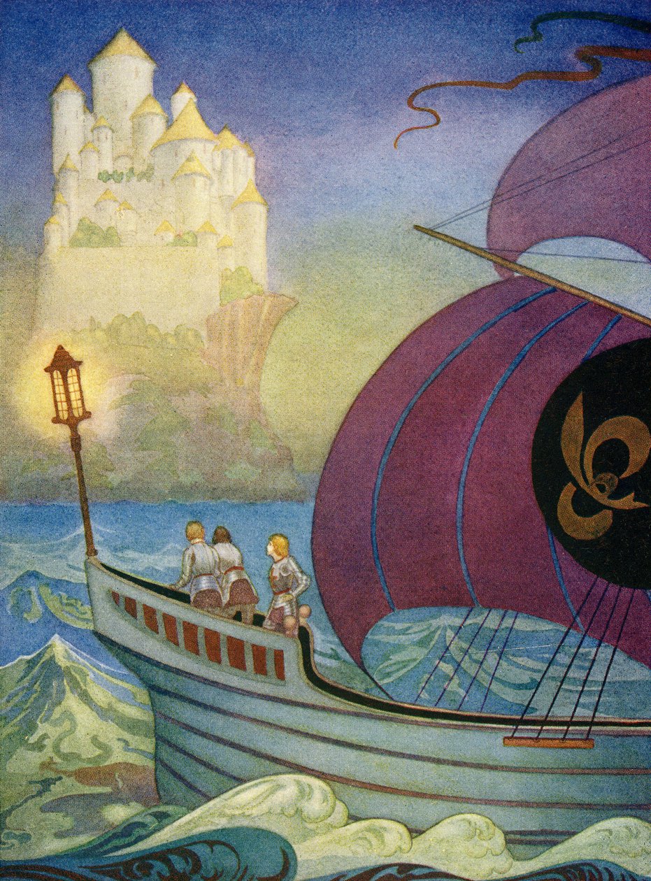 Ritari Perceval lähestyy Camelotia merellä tekijältä Thomas Blakeley Mackenzie