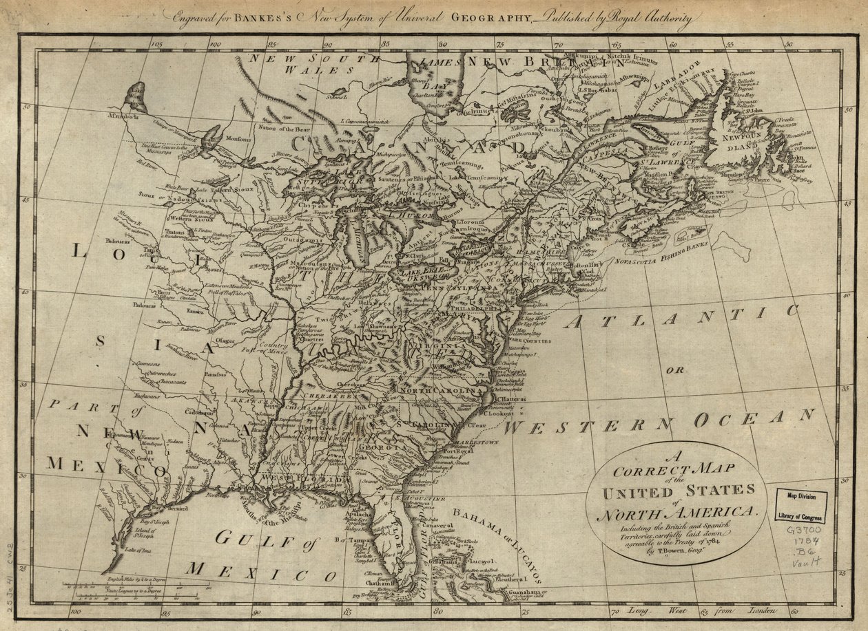 Oikea kartta Pohjois-Amerikan yhdysvalloista; mukaan lukien Britannian ja Espanjan alueet, huolellisesti laadittu vuoden 1784 sopimuksen mukaisesti. LOC 74692103 tekijältä Thomas Bowen