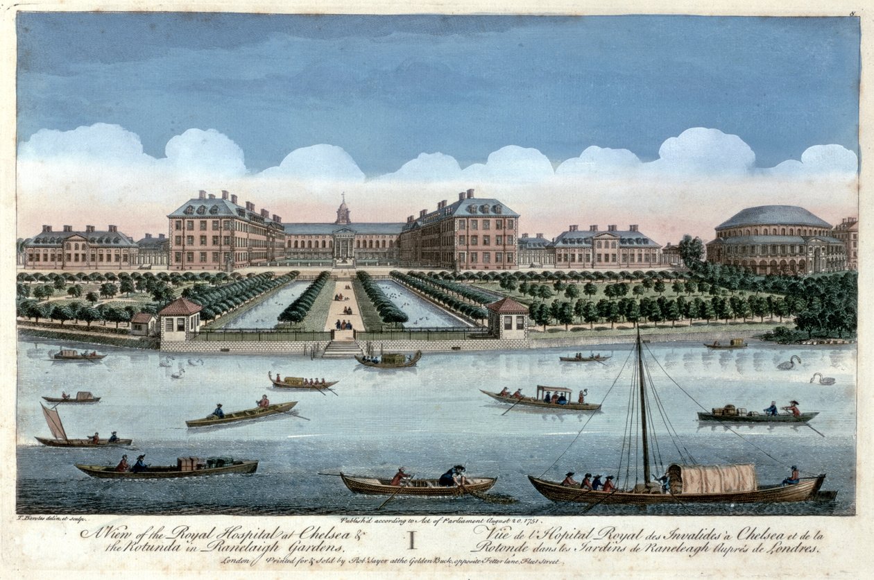 Näkymä Chelsean kuninkaallisesta sairaalasta ja Rotundasta Ranelagh Gardensissa Lontoossa, 1751 tekijältä Thomas Bowles