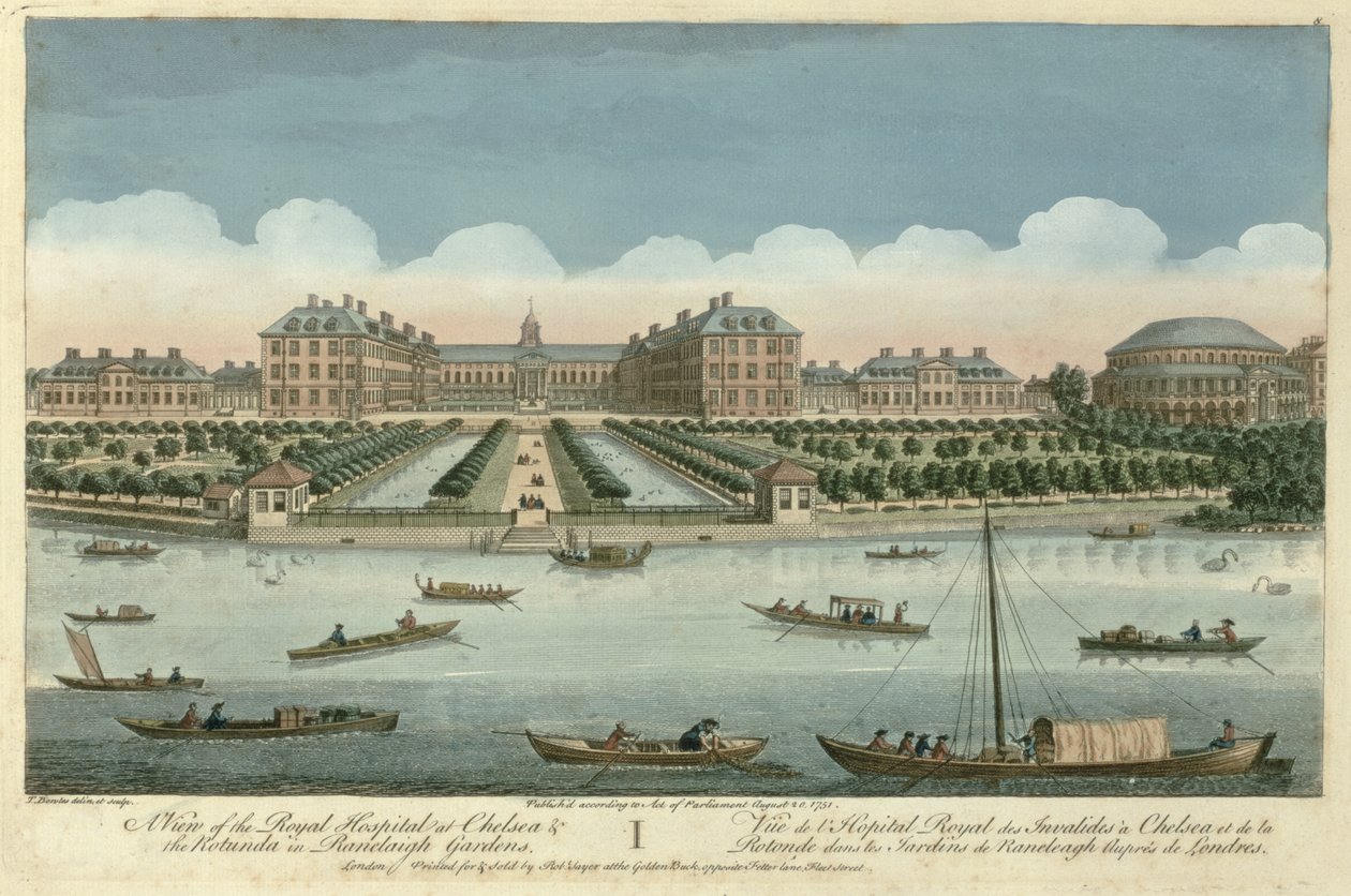 Näkymä Chelsean kuninkaallisesta sairaalasta ja Rotundasta Ranelagh Gardensissa, pubissa. Kirjailija: Robert Sayer, 1751 tekijältä Thomas Bowles