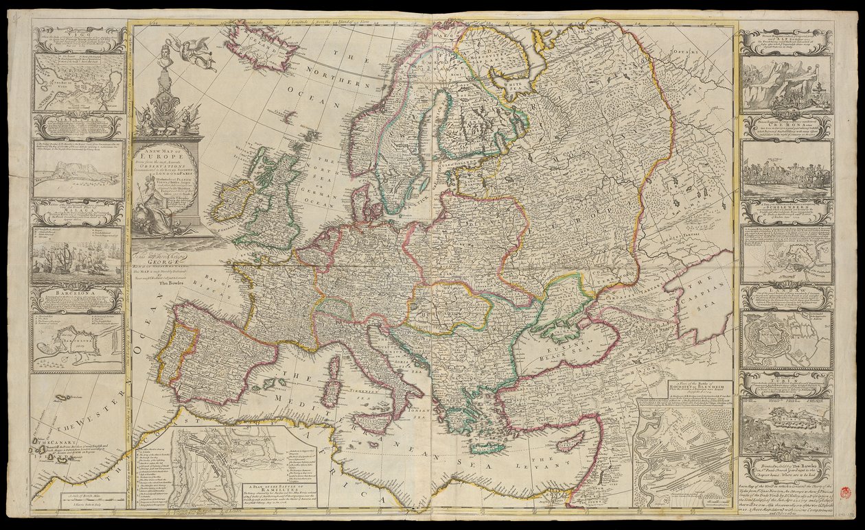 Uusi Euroopan kartta Tehty Lontoon ja Pariisin kuninkaalliselle seuralle toimitettujen tarkimpien havaintojen perusteella, noin 1720 (tekninen piirustus). tekijältä Thomas Bowles