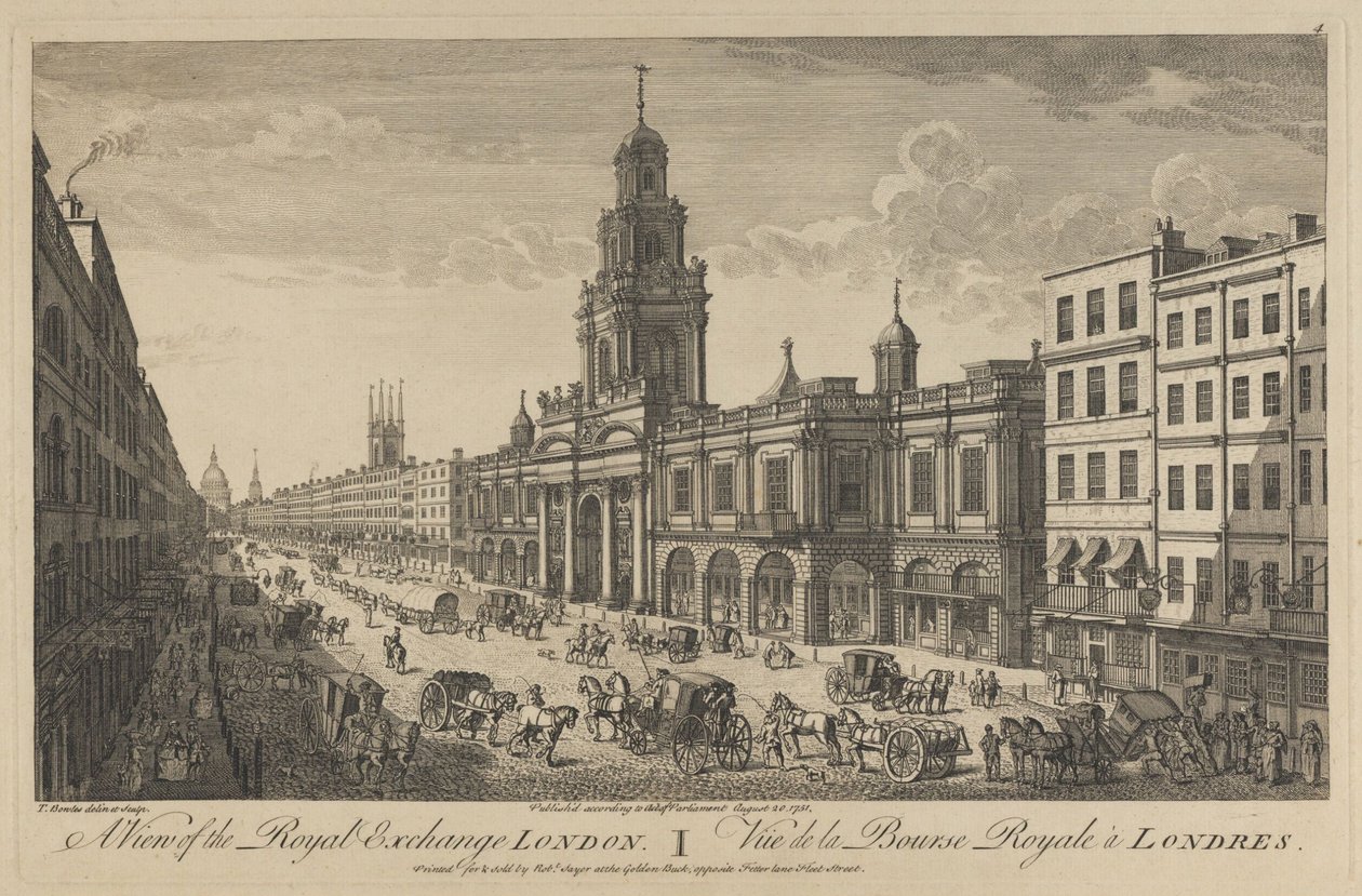 Näkymä Royal Exchange London, 1751 tekijältä Thomas Bowles
