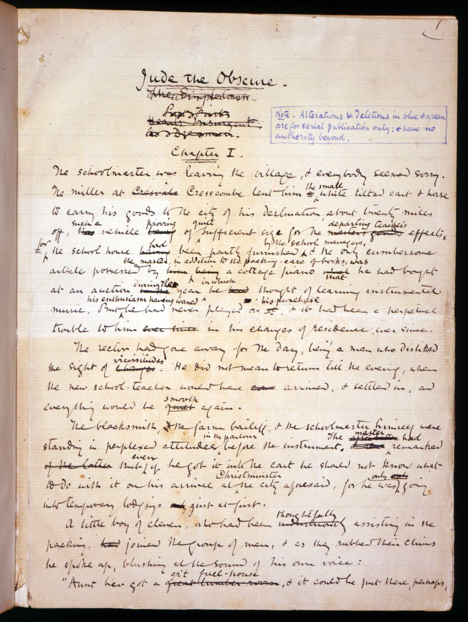 Ms 1-1911, s. 1 Sivu julkaisusta "Jude the Obscure", n. 1894 (muste paperille) tekijältä Thomas Bush Hardy