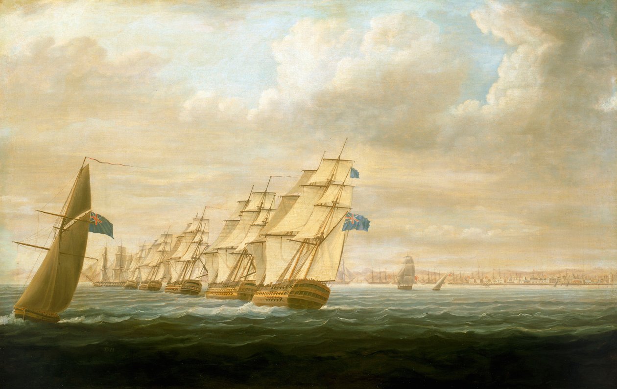 Nelsonin saaristolaivue Cádizissa heinäkuussa 1797, noin 1800 (öljy kankaalle). tekijältä Thomas Buttersworth