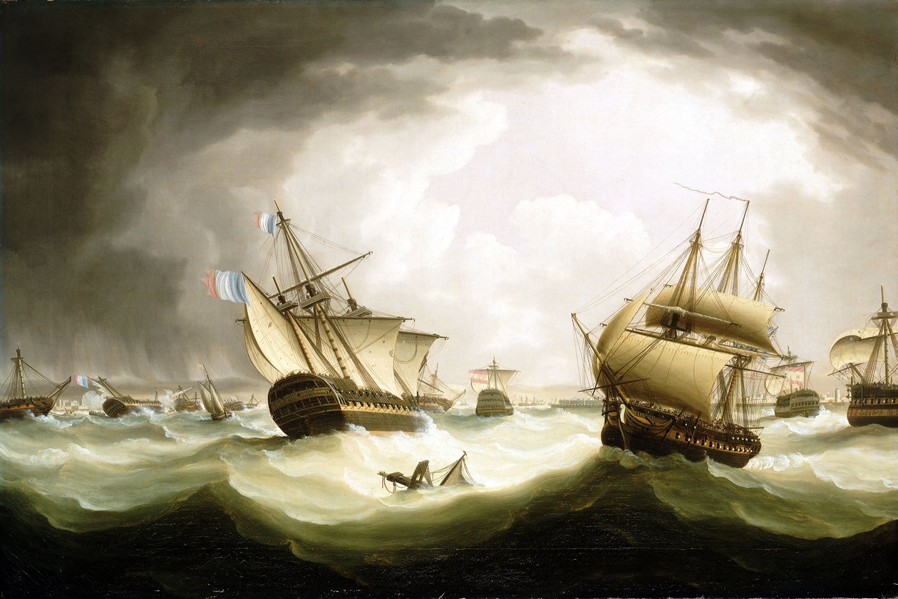Trafalgarin taistelu, 21. lokakuuta 1805, taistelun loppu, 1800-luvun alku (öljy kankaalle). tekijältä Thomas Buttersworth