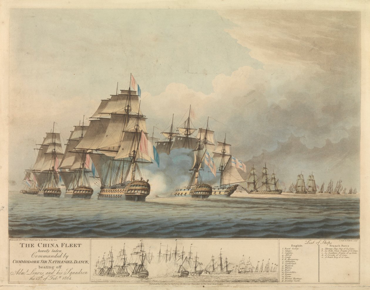 Kommodori Nathaniel Dancen (1748-1827) komentama raskaasti lastattu kiinalainen laivasto pakotti ranskalaisen amiraali Charles de Durand L( 1761-1848) ja hänen laivastonsa perääntymään 15. helmikuuta. tekijältä Thomas Buttersworth