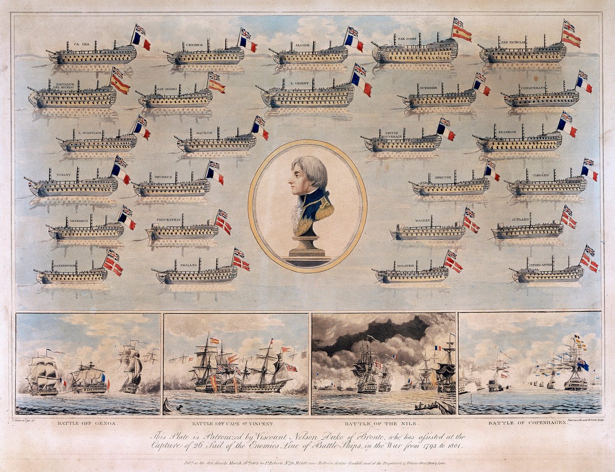 Horatio Nelsonin (1758-1805) vuosina 1793-1801 Genovan (tai Cape Nolin, Italia) meritaisteluissa kaappaamat sota-alukset. tekijältä Thomas Buttersworth
