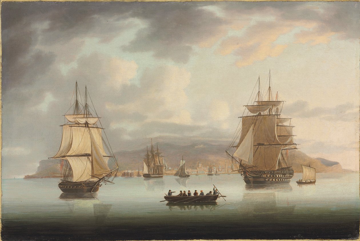 Funchal Roadstead, H.M.S. Blenheim vinttikoiran ja harrierin kanssa ulospäin, 1805 tekijältä Thomas Butterworth