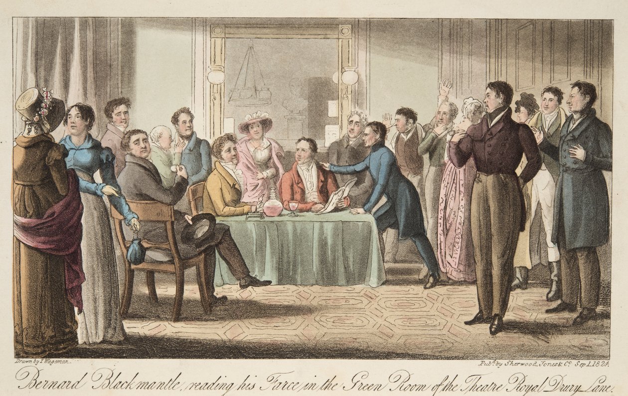 Bernard Blackmantle lukee farssiaan Covent Garden -teatterin Green Roomissa The English Spy -pubista. 1824 (käsinvärinen kaiverrus) tekijältä Thomas Charles Wageman