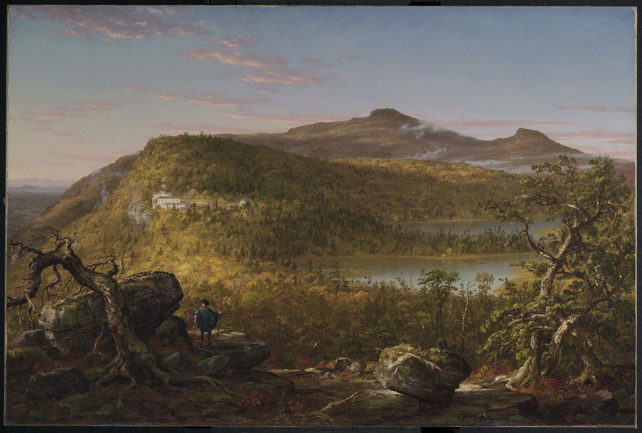 Näkymä kahdelle järvelle ja vuoristotalolle, Catskill Mountains, aamuisin tekijältä Thomas Cole