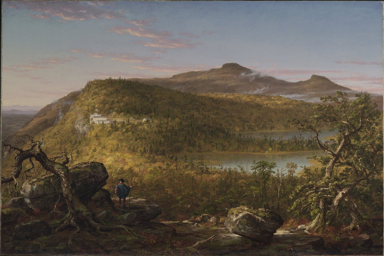 Näkymä kahdelle järvelle ja Mountain Houselle, Catskillvuoret, aamu tekijältä Thomas Cole