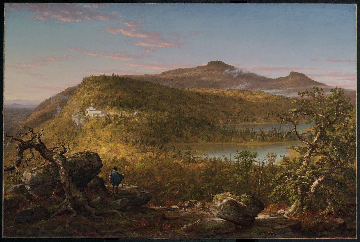 Näkymä kahdelle järvelle ja vuoristotalolle, Catskill-vuorille, aamu tekijältä Thomas Cole