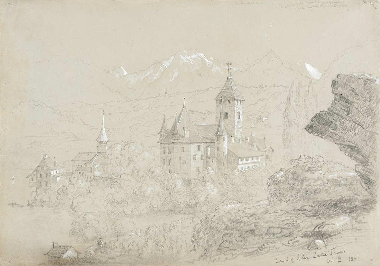 Spiezin linna, 1841 (lyijykynä ja guassi harmaanvihreälle paperille). tekijältä Thomas Cole