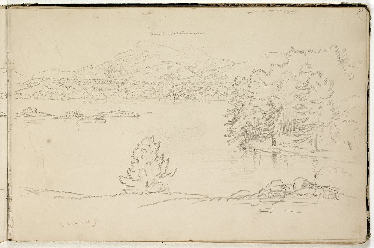 Hoosick tai Saddle Mountain ja järvi Pittsfieldin lähellä, n.1832 (grafiittikynä luonnonvalkoiselle paperiarkille) (katso myös 3525969) tekijältä Thomas Cole