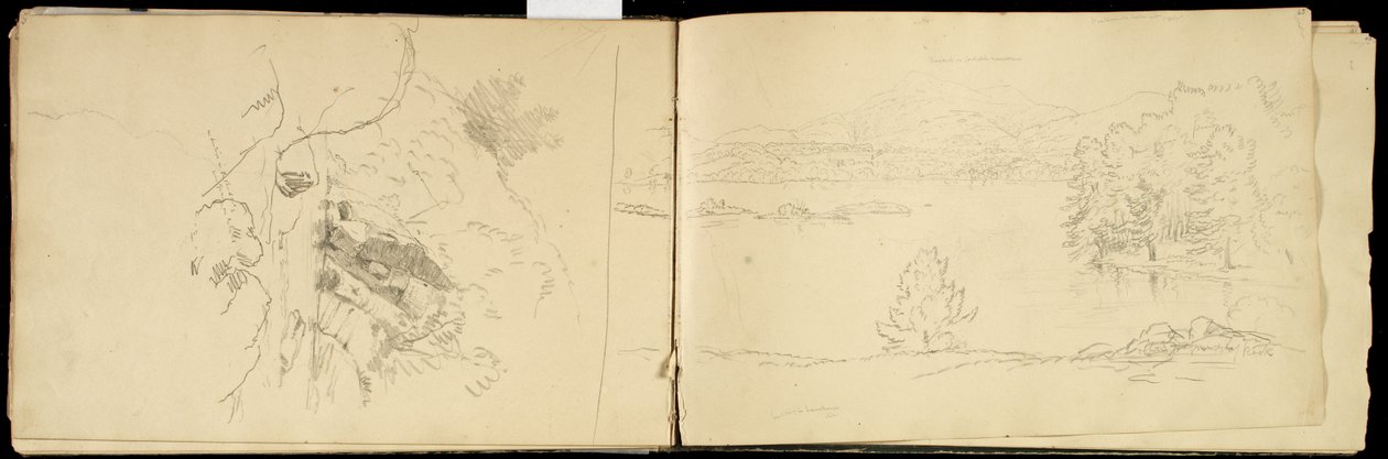 Hoosick tai Saddle Mountain and Lake lähellä Pittsfieldiä, n. 1832 (grafiittikynä luonnonvalkoisella kudottupaperilla) (katso myös 3514873) tekijältä Thomas Cole