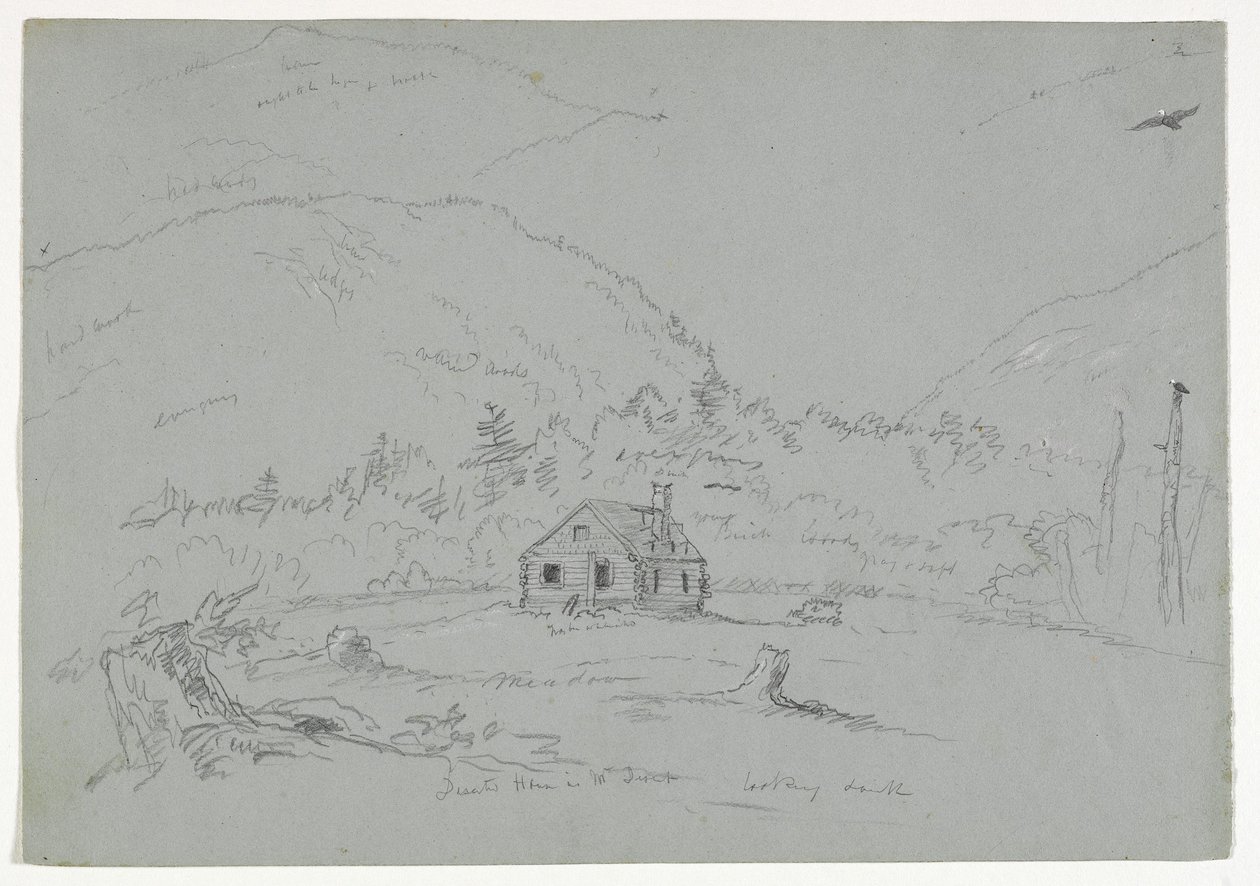 Talo Mount Desertissä, n.1844 (grafiitti, korotettu valkoisella väriliidulla paperille). tekijältä Thomas Cole