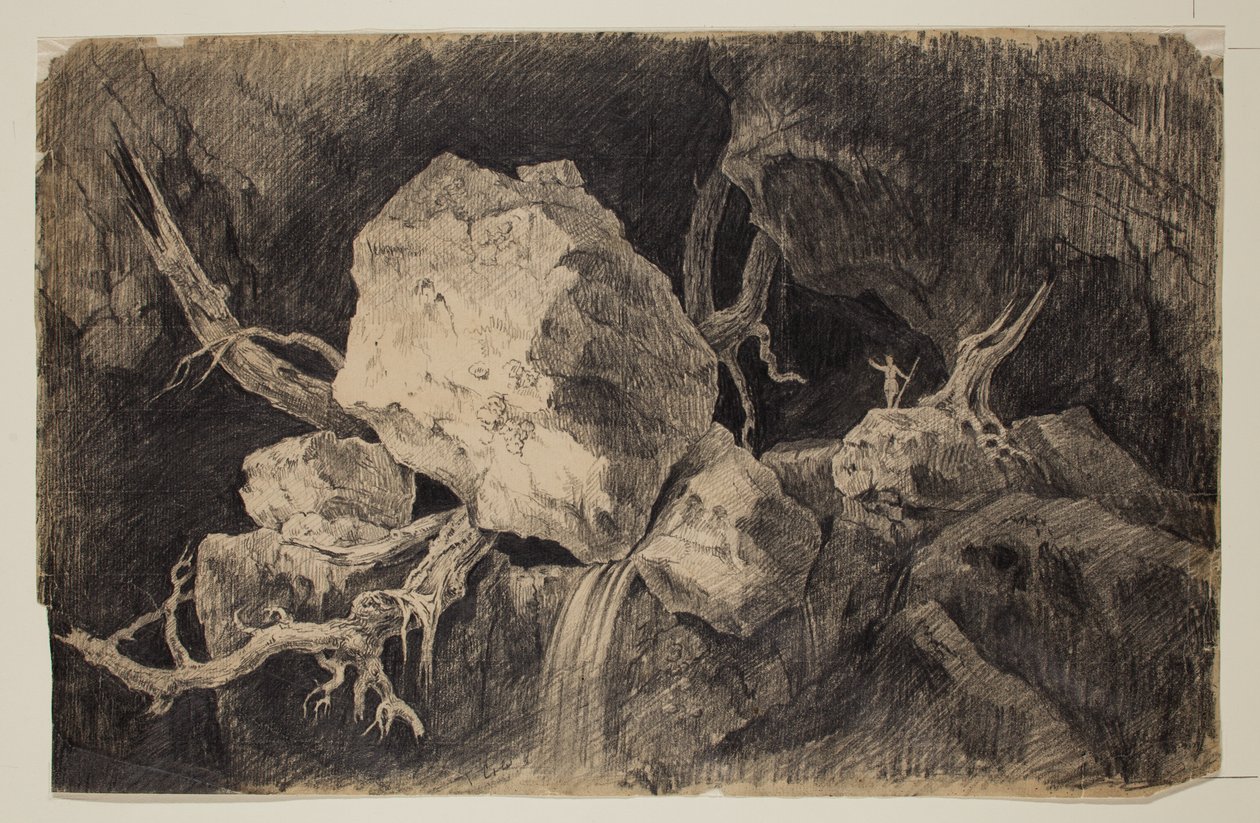 Hunter Standing in Cave lähellä Rock and Waterfall, n.1828 (grafiittikynä) tekijältä Thomas Cole