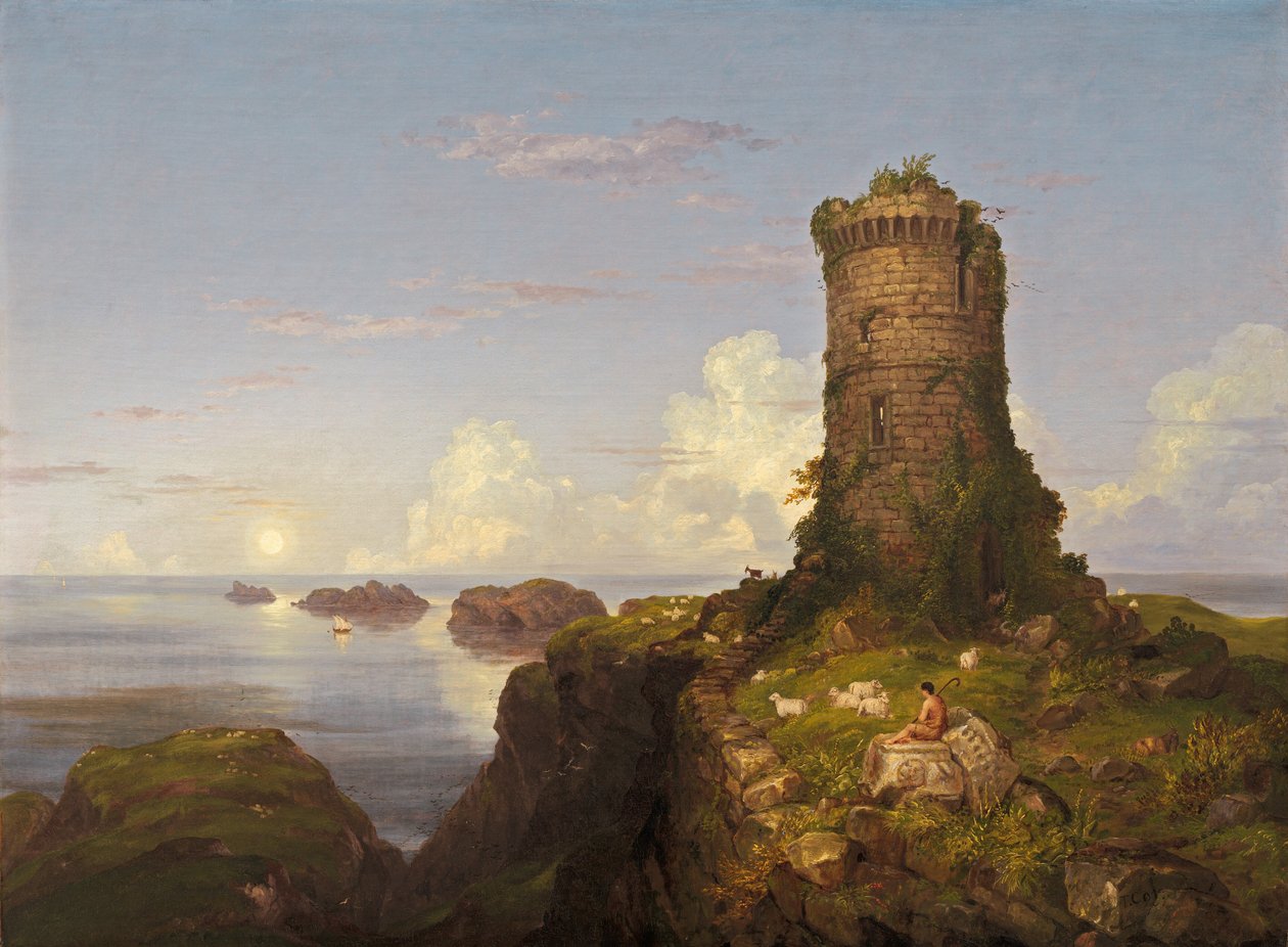 Italian rannikkokohtaus raunioituneella tornilla tekijältä Thomas Cole