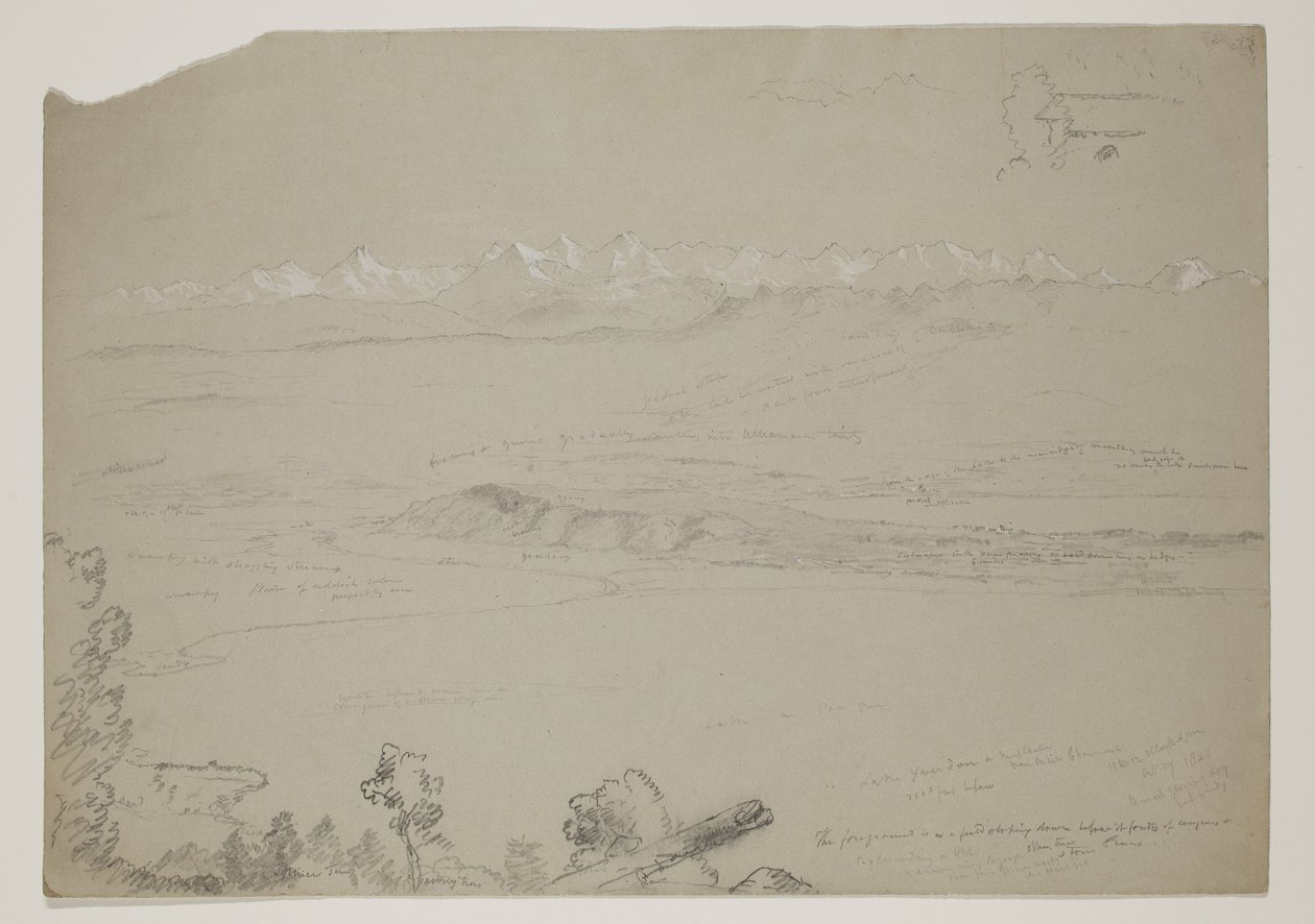 Yverdon- tai Neuchatel-järvi Chaumont-kukkulalta, Sveitsi, 1841 (lyijykynä ja guassikorostettu gouassilla paperille). tekijältä Thomas Cole
