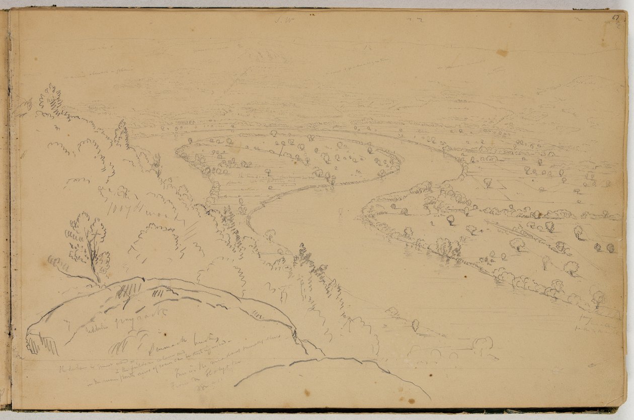 Panorama Oxbowista Connecticut-joella nähtynä Mount Holyokesta, n. 1832 (kynä paperille) tekijältä Thomas Cole