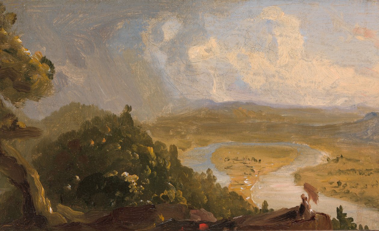 Luonnos näkymästä Mount Holyokesta, Northamptonista, Massachusettsista, ukkosmyrskyn jälkeen (The Oxbow) tekijältä Thomas Cole