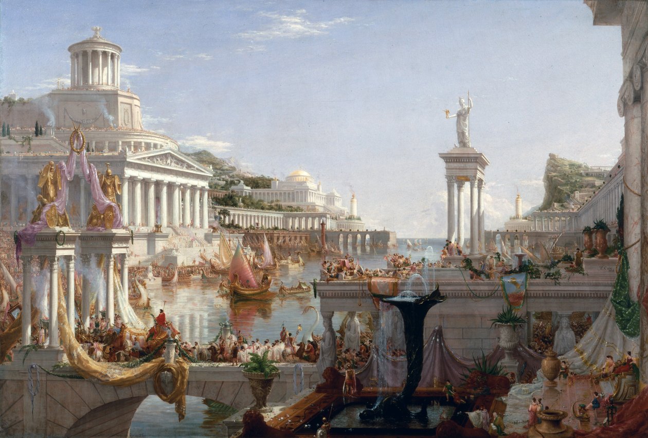Imperiumin kulutuksen kurssi - Rooman valtakunnan apoteoosi. Toisessa suunnitelmassa Atlantiksen saari (Atlantis) loistossaan. Thomas Colen maalaus tekijältä Thomas Cole