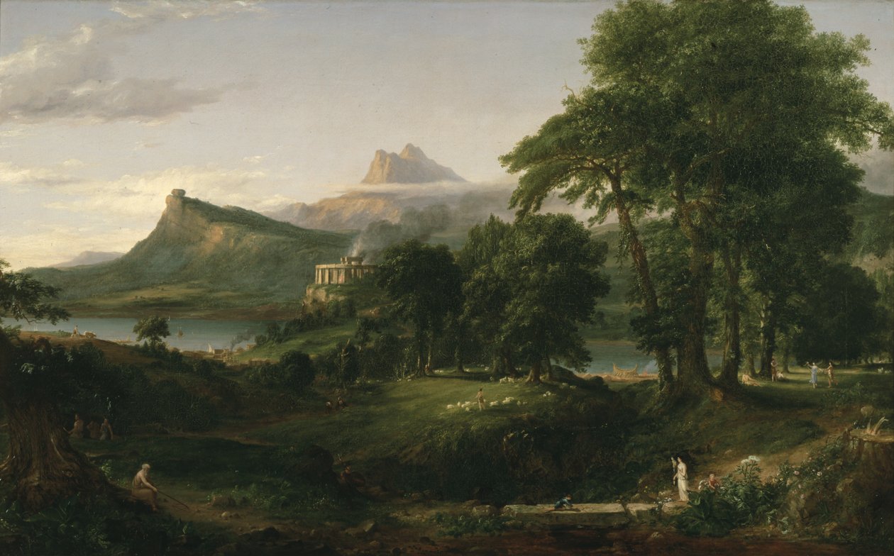 Imperiumin kurssi: Arkadilainen tai pastoraalinen valtio, n. 1836 (öljy kankaalle) tekijältä Thomas Cole