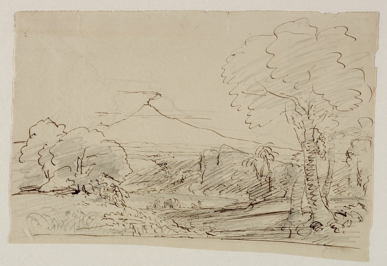 Tulivuori, järvi, hahmometsästys, 1846-47 (kynä ja muste kynällä paperille) tekijältä Thomas Cole