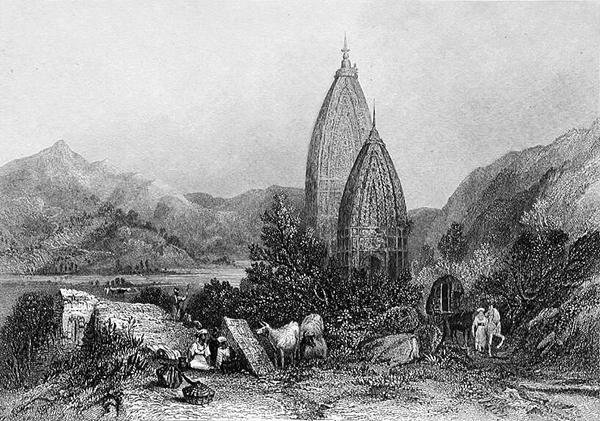 Mahadeon hindutemppelit Sivalic-vuorilla, Intiassa, kaiverrus E. Finden, julkaisusta "World Religion", julkaisija A. Fullarton & Co. (kaiverrus) tekijältä Thomas Colman (after) Dibdin
