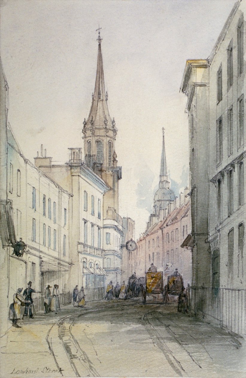Näkymä Lombard Streetiltä itään katsoen, hahmoineen ja vaunuineen, Lontoon kaupunki, 1851 tekijältä Thomas Colman Dibdin