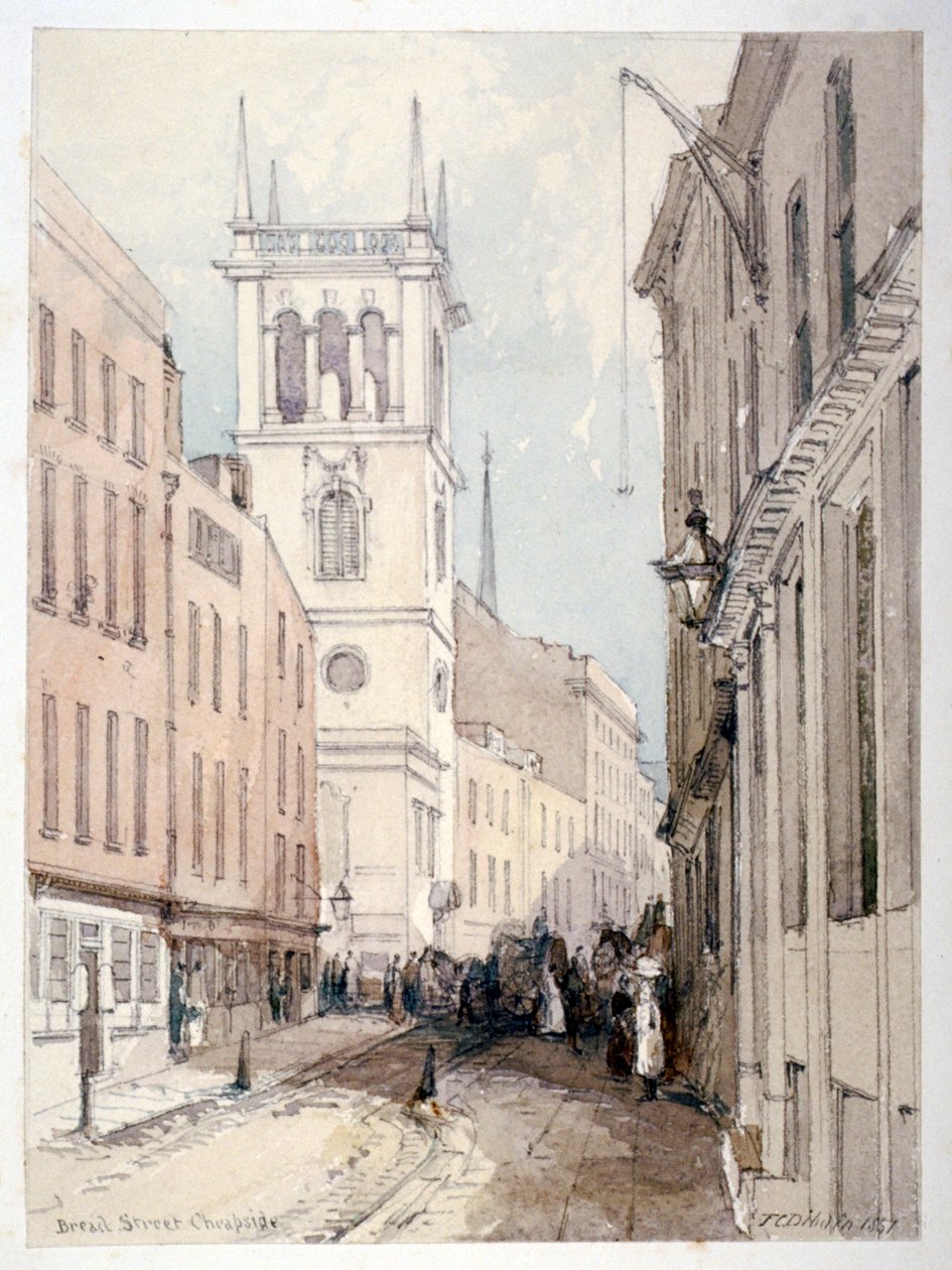 Näkymä All Hallows Churchista, rakennuksista ja hahmoista Bread Streetillä, Lontoon Cityssä, 1851 tekijältä Thomas Colman Dibdin