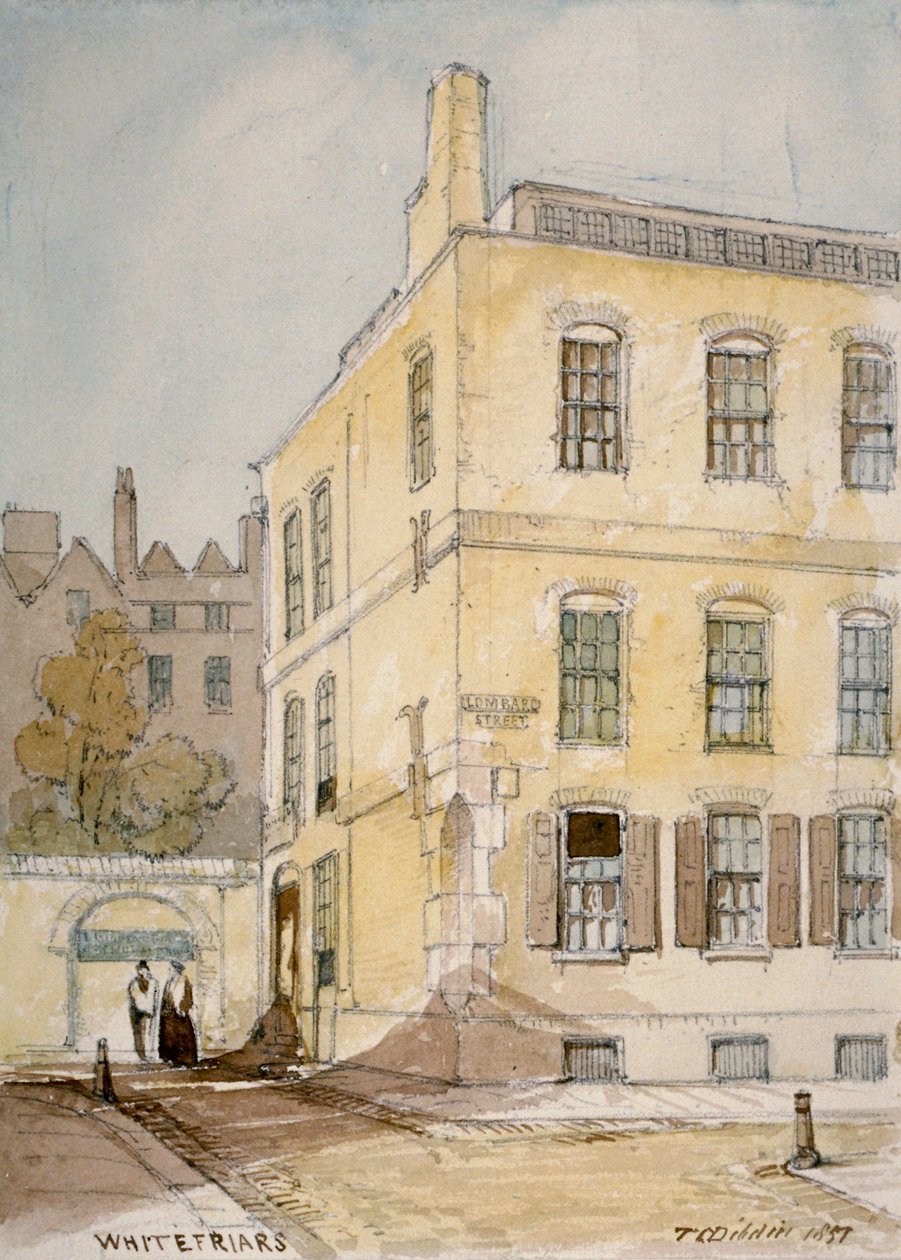 Näkymä Whitefriarsistä, joka näyttää Lombard Streetin kulman Lontoon Cityssä, 1851. tekijältä Thomas Colman Dibdin