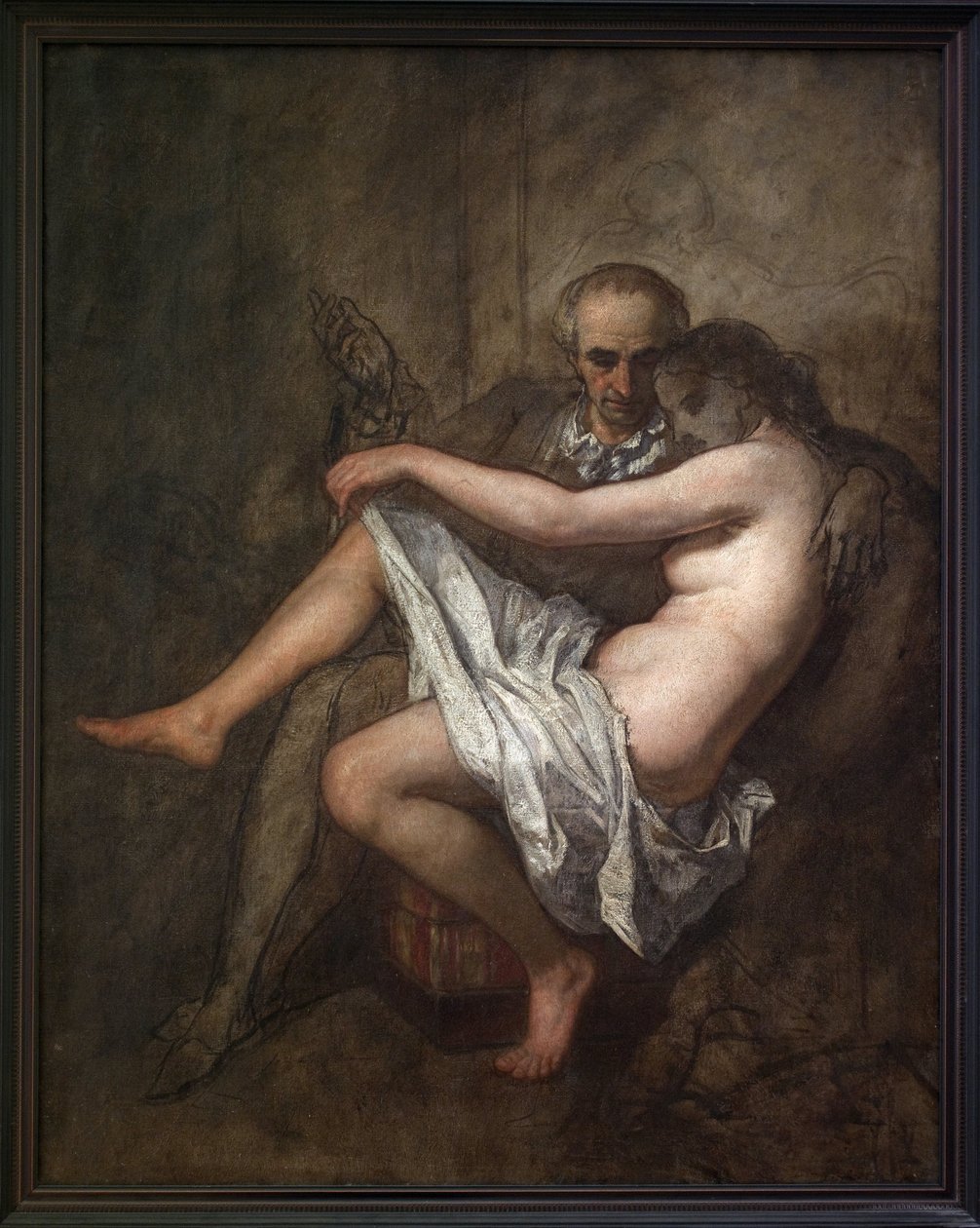 Baudelaire ja presidentti Sabatier. Intiimi ja keskeneräinen maalaus, joka kuvaa runoilija Charles Baudelairea (1821-1867) ja hänen muusa-emäntäänsä Apollonie Aglae Sabatieria (1822-1889), joka tunnetaan presidenttinä, joka isännöi maallista salonkia 1800- tekijältä Thomas Couture