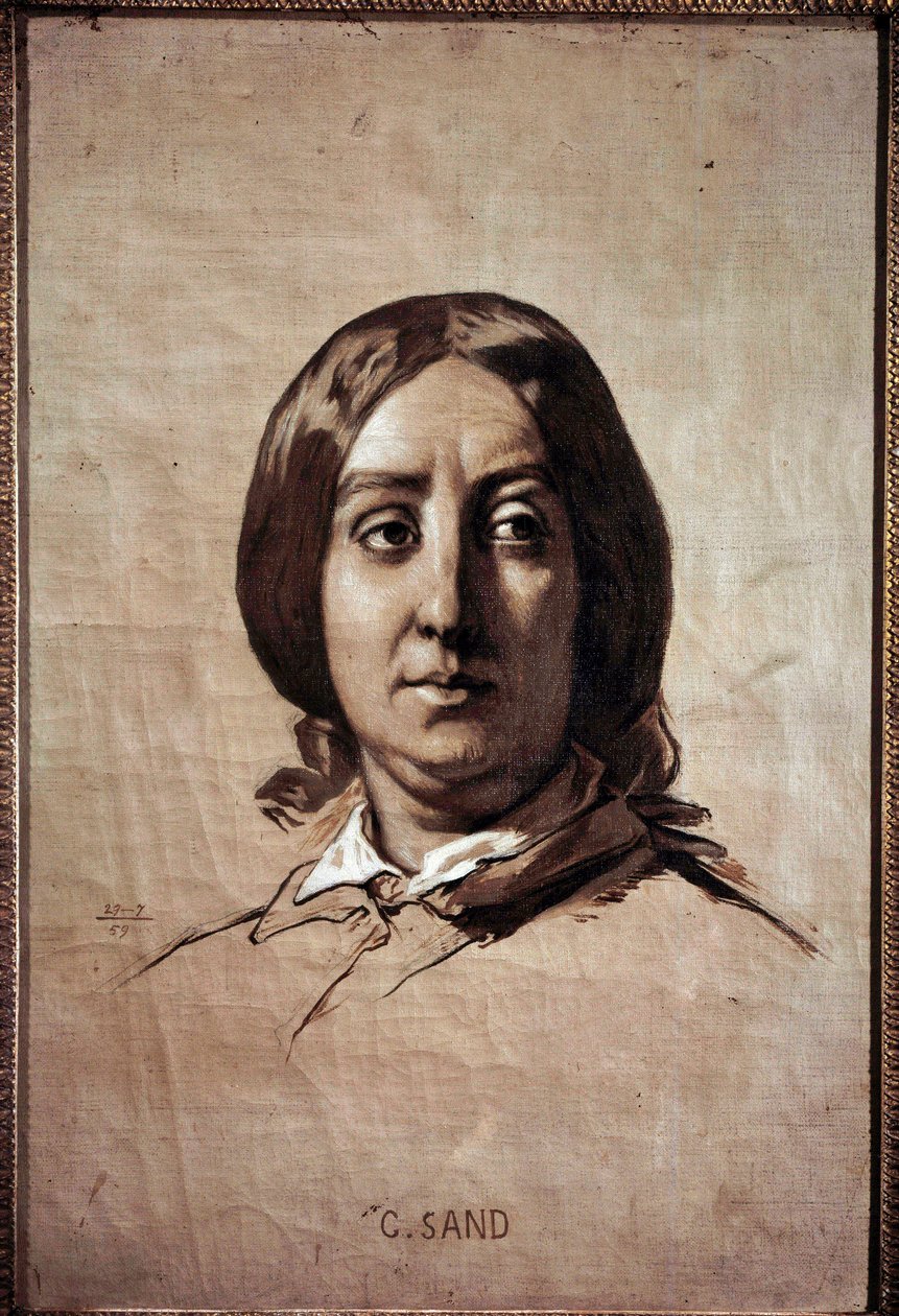 Georges Sandin (1804-1876) muotokuva (Aurore Dupin, Baronne Dudevant) Ranskalainen kirjailija Thomas Couturen piirustus (1815-1879) 1859 su. 0,61x0,4 m Versailles, musee du chateau tekijältä Thomas Couture
